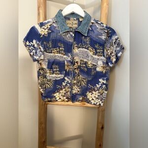 Vision Brand Tropical Blue Zip Up Cropped Short Sleeve Shirt